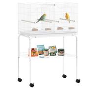 PawHut Cage pour oiseaux avec diviseur voilier avec roues, 4 mangeoires, 4 cintres et plateau amovible pour perroquets, canaris, perruches, 76 x 46 x 116 cm, blanc
