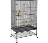 PawHut Cage pour oiseaux avec perchoirs, volière avec étagère, bac au sol, volière avec portes, roulettes, pour petits oiseaux, acier, gris, 94 x 57 x 153 cm