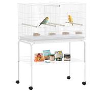 PawHut Cage pour oiseaux avec séparateur, 94 x 57 x 128 cm, avec roues, 4 mangeoires, 4 cintres et plateau amovible pour perroquets, canaris, perruches, blanc