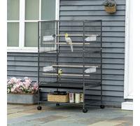 PawHut Cage pour Oiseaux d'Intérieur en Bois avec Plateau, 4 Roues et Perchoir, 78x52x132cm