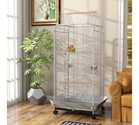 PawHut Cage pour Perroquets avec Roulettes Perchoirs Mangeoires et Plateau Amovible Volière pour Cacatoès Perruches 79x73x146 cm Gris clair