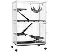 PawHut Cage pour Petits Animaux à 4 étages Cage pour rongeurs avec Roues, rampes, hamac Suspendu et Plateau Amovible Enclos pour Lapins Chinchillas Furets 80x52x128 cm Blanc