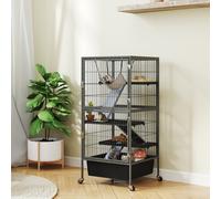 PawHut Cage pour Petits Animaux à 4 Niveaux avec Rampes, Plateformes, Hamac et Roues, 52x52x115 cm, Gris