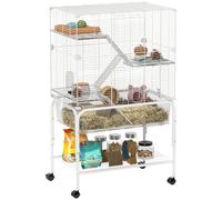 PawHut Cage pour petits animaux à 4 niveaux avec roues avec plateau profond rampes, plateformes, mangeoire et abreuvoir, enclos pour chinchillas, furets, hamsters, 73 x 47 x 123 cm, blanc