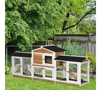 PawHut Cage pour Petits Animaux avec Enclos Inclus Rampe Toit en Asphalte Bois de Sapin Noir + Blanc + Naturel