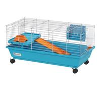 PawHut Cage pour petits animaux avec roues, bouteille d'eau, distributeur de foin, plateforme, rampe, plateau amovible, pour lapins et cochons d'Inde, 89 x 44 x 43 cm, bleu