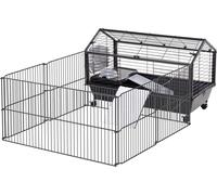 PawHut Cage pour petits animaux Cage pour petits animaux avec aire d'exercice rabattable, cage pour rongeurs avec bouteille d'eau, bol d'eau et rampes, pour petits animaux Métal Noir 88 x 128,5 x 56 c