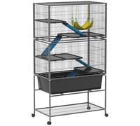 PawHut Cage pour petits animaux, rongeurs, furets avec plateau extensible, rampes, hamac, roulettes, étagère, avec accessoires pour écureuils, hamsters nains, chinchillas, gris foncé