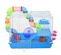 PawHut Cage pour Rongeur Hamster 2 Niveaux avec Tunnel, Bouteille d'eau, Roues, Maison, échelle dim. 46L x 30l x 37H cm