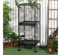 PawHut Cage Volière pour Oiseaux pour Intérieur avec Roulettes et Plateaux Amovibles, 51.5x50x140 cm, Noir