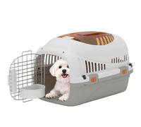 PawHut Caisse de Transport Chat et Chien 49 x 32 x 31 cm Gris et Crème | Cage de Transport pour Chats et Petits Chiens jusqu'à 4 kg, Porte Acier, Bol de Nourriture, Fermeture Sécurisée