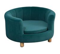 PawHut Canapé Chien lit pour Chien Chat avec accoudoirs Coussin Moelleux Pieds Bois Massif dim. 65 x 64 x 37 cm Velours Bleu Canard