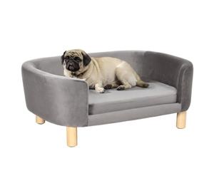 PawHut Canapé-lit pour Chien pour Petits Chiens 86x55x33 cm Gris Clair | Velours hollandais, canapé chien avec dossier, pieds bois, coussin, canapé chat rembourrage doux