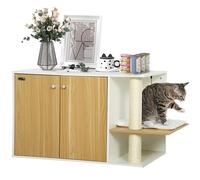 PawHut Cat Litter Box Furniture 3 in 1 Nest Side Table Cat Litter Box with Doors Cushion Scratching Post and Play Centre for Living Room Bedroom 94x48x50,5 cm Oak and White