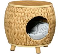 Pawhut Cave à Chat en rotin 2 en 1 Design Panier pour Chat avec Coussin Lit pour Chat Niche pour Animal de Compagnie Herbe de Jacinthe d'eau Bois de Paulownia Marron Clair+Gris 44 x 43 x 42 cm