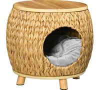 Pawhut Cave à chat en rotin 2 en 1 Design panier pour chat avec coussin Lit pour chat Niche pour animal de compagnie Herbe de jacinthe d'eau Bois de paulownia Marron clair+gris 44 x 43 x 42 cm
