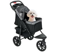 PawHut Chariot pliable pour chiens avec 3 roues, fenêtres en maille, panier de rangement et sangles de sécurité, 109,5 x 57,5 x 106,5 cm, gris