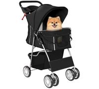 PawHut Chariot pliable pour chiens, poussette pour petits chiens avec panier de rangement, fenêtres en filet, porte-gobelets, roues en EVA, coussin lavable, freins, charge 10 kg, 77 x 44 x 102 cm,