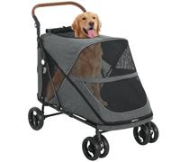 PawHut Chariot pliable pour grands chiens max 30kg, 4 roues pivotantes | Chariot pour grands chiens et chats, Fenêtres mesh, Coussin, Poignée réglable, Laisse sécurité, Doubles freins