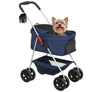 PawHut Chariot pour chien pliable 3 en 1 Poussette pour animaux de compagnie miniature avec panier de rangement, fenêtre en maille porte-gobelet et 2 roues universelles 76 x 50 x 102 cm Bleu foncé