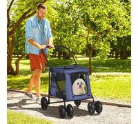 PawHut Chariot pour chiens avec coussin, 3 poches latérales, pliable, poussette pour chiens, 102 cm x 62 cm x 105 cm, Bleu