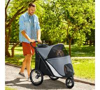 PawHut Chariot pour chiens, pliable, à auvent ouvrant, coussin de couchage, cadre en acier, Gris/Noir