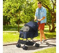 PawHut Chariot pour chiens poussette pliable, 1 panier, 2 freins, incl. attaches de sécurité, Bleu