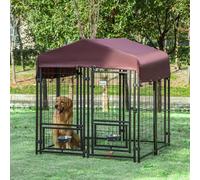 Pawhut - Chenil extérieur pour chien - cage chien - enclos chien - toile toit imperméable anti-UV, porte verrouillable, 2 bols rotatifs - acier noir oxford pourpre
