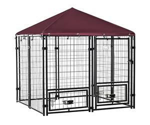 PawHut Chenil extérieur pour Chiens Parc à Chiot avec Toit en Tissu Oxford avec 2 Supports de Bol rotatifs 8 Panneaux Toit résistant aux intempéries 141 x 141 x 153 cm