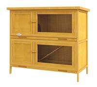 PawHut Clapier 2 niveaux avec rampe antidérapante, 2 bacs extractibles et 4 portes verrouillables, clapier en bois d'épicéa et toit en bitume, 97x44x91 cm, Jaune
