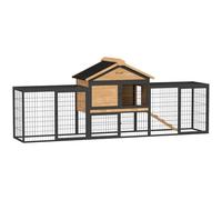 PawHut Clapier à lapin à 2 niveaux avec toit à pignon - En bois massif - Résistant à l'hiver - Double étage avec enclos - 217 x 53 x 86 cm - Cage d'extérieur pour lapins - Jaune