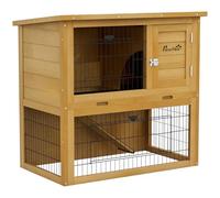 PawHut Clapier à Lapin Cage à Lapin 2 étages avec 3 Portes verrouillables Plateau Coulissant Rampe et Toit bitumé Bois Massif, 85 x 50 x 80 cm, Jaune