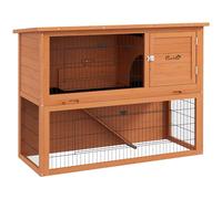 PawHut Clapier à Lapin Cage à Lapin 2 étages avec 3 Portes verrouillables Plateau Coulissant Rampe et Toit bitumé Bois Massif, 120 x 50 x 92 cm, Orange