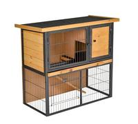 PawHut Clapier à lapin 2 niveaux, 3 portes verrouillables, rampe, toit ouvrant, pin pré-huilé