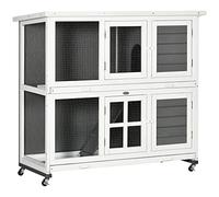 PawHut Clapier à lapin en bois à 2 niveaux avec roues, 2 portes, toit rabattable et 2 plateaux amovibles pour intérieur et extérieur, 119 x 50,5 x 109 cm, blanc et gris