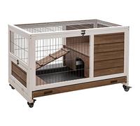 PawHut Clapier à Lapin sur roulettes Cage à Lapin 2 étages Porte verrouillable Toit ouvrant Plateau Coulissant Rampe Bois de Sapin Marron Blanc