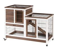 PawHut Clapier à Lapin sur roulettes Cage à Lapin intérieur extérieur 2 étages 2 Portes verrouillables 2 Plateaux coulissants Rampe Bois de Sapin Marron Blanc