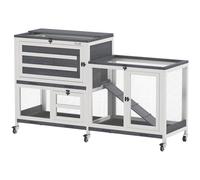 PawHut Clapier à Lapins intérieur à 2 Niveaux avec roulettes, 2 Plateaux ouvrants, 3 bacs en Plastique, Cage Lapin en Bois pour 2 à 3 Lapins, cochons d'Inde, 147 x 45 x 89,5 cm, Gris