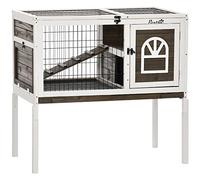PawHut Clapier à Lapins intérieur Cage Lapin avec 1 bac Amovible, 2 Portes sécurisées, 1 Rampe clapier en Bois pour 1-2 Lapins, 90 x 53 x 87 cm, café