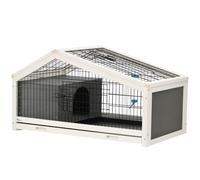 PawHut Clapier Cage à Lapin, Bac à Crottes, Noir Gris Acier Sapin Blanc | Niche pour Chien, Porte Verrouillable, Toit Coulissant, Abreuvoir
