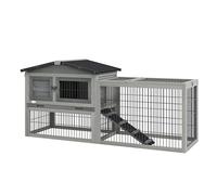 PawHut Clapier de Sol Cage à Lapin Cottage Niche supérieure avec Rampe enclos extérieur Plateau excrément fenêtre Porte verrouillable Bois Sapin dim. 150L x 52l x 68H cm Gris