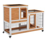 PawHut Clapier d'intérieur en Bois de Sapin avec roulettes, Plateaux Amovibles et maisonnette pour Lapins avec Rampe, 110 x 50 x 88 cm, Jaune et Blanc