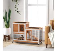 PawHut Clapier en Bois avec Roulettes, Plateaux Extractibles et Maisonnette avec Rampe, 110x50x88 cm, Jaune et Blanc