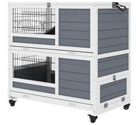 PawHut Clapier en Bois d'intérieur, Cage à Lapin sur roulettes à 2 Niveaux avec 2 Plateaux coulissants, Porte verrouillable, mangeoire, 90 x 53 x 97 cm, Gris