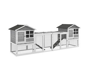 PawHut Clapier en Bois pour Lapins et Petits Animaux avec Enclos Extérieur, Rampe, Maison, Bac au Sol - Cage Indoor Outdoor Gris 259 x 64 x 92 cm