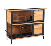 PawHut Clapier Lapin extérieur, Cage Lapin extérieur, 4 Portes verrouillables, Toit bitumé, 2 étages, Petit enclos Animaux, 1 tiroir à déjection et 1 Rampe, 122 x 50 x 101 cm, Bois Naturel et Noir