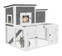 PawHut Clapier Lapin Extérieur en Bois, Double Toit Ouvrant Imperméable - Cage à Lapin Intérieur 2 Niveaux avec Enclos, Plateau Profond Antifuite et Rampe - Abri Cage pour Rongeurs Poulailler, Gris