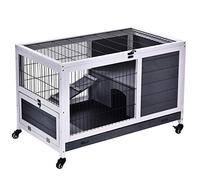 PawHut Clapier à Lapin sur roulettes Cage à Lapin 2 étages Porte verrouillable Toit ouvrant Plateau Coulissant Rampe Bois de Sapin Gris Blanc