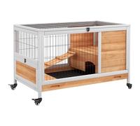 PawHut Clapier Lapin intérieur, Cage Lapin avec Toit ouvrant, roulettes, Plateau Amovible et Rampe, en Bois, 90 x 53 x 59 cm, Jaune et Blanc