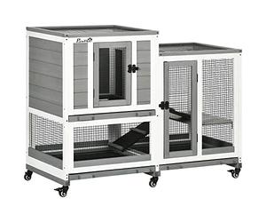 PawHut Clapier Lapin intérieur en Bois, Design de Luxe, 110 x 50 x 86 cm - Cage Lapin à 3 Niveaux avec 3 Plateaux Amovibles - enclos spacieux sur roulettes pour Lapin Nain, Cochon d'Inde, Gris